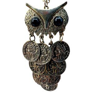 Vintage Gold-Tone Owl Pendant Necklace With French Coin Accents.  N12